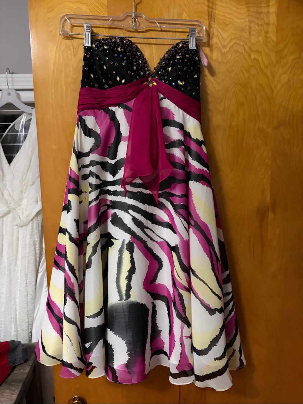 Strapless Magenta & Black Printed A-Line Dress